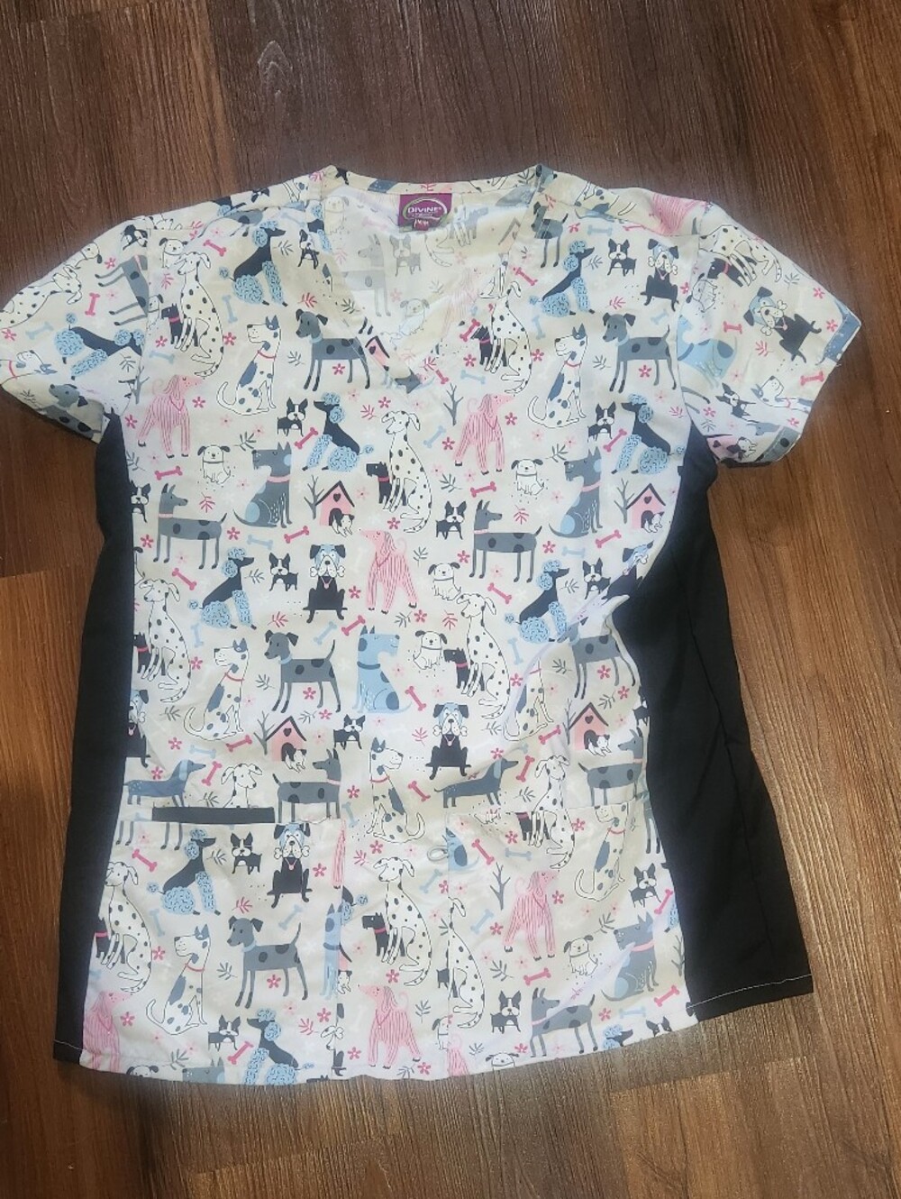Cute Dog Print Scrub Top in White, Pink & Blue
